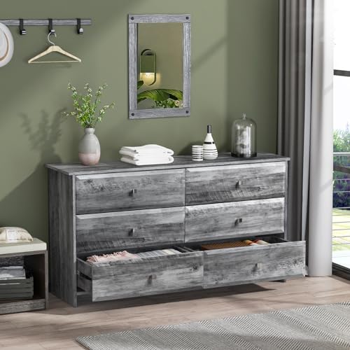 VINGLI Graue Kommode mit 6 Schubladen, 137,2 cm lange Kommode für Schlafzimmer, Holzkommode mit strukturierten Schubladenfronten, rustikale graue Kommode, 36,8 cm T x 136,9 cm B x 73,9 cm H von VINGLI