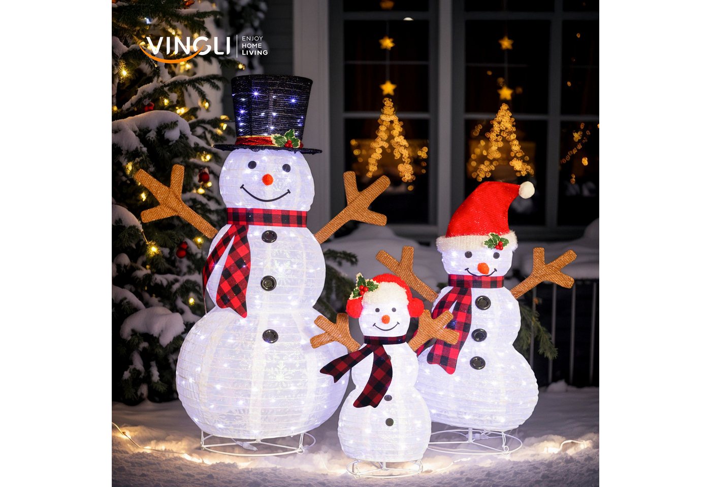 VINGLI LED Dekofigur 3-teilige Beleuchtete Schneemann-Familie Weihnachtsdekoration, aus Schneeflocken Glitzerstoff, 270 Weißen LEDs, 60/90/120 cm VINGLI LED Dekofigur 3-teilige Beleuchtete Schneemann-Familie Weihnachtsdekoration, aus Schneeflocken Glitzerstoff, 270 Weißen LEDs, 60/90/120 cm von VINGLI