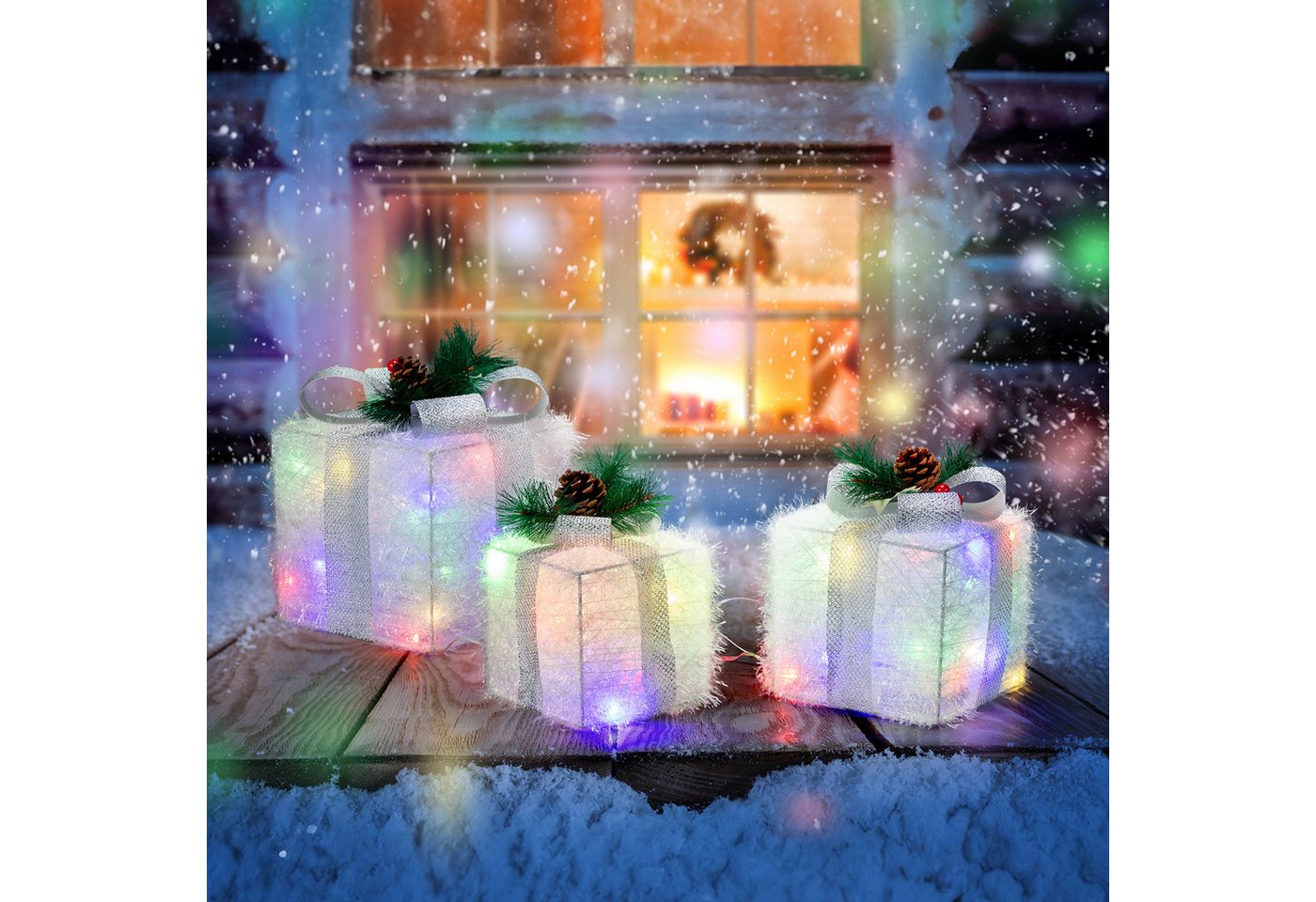 VINGLI LED Dekolicht 3er Set LED Geschenkboxen mit ABS Kunststoffrahmen, 48/60 LEDs, 48 LEDs, Warmweiß Lichter, Batteriebetriebene Weihnachtsdeko, Innen & Außen von VINGLI
