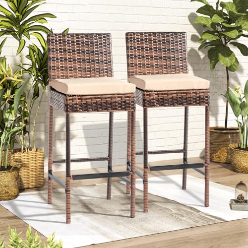 VINGLI Outdoor Barhocker 2er Set mit Kissen Weide Barhocker, Barhöhe, Terrassenstühle Outdoor Rattan Hocker für Garten Pool Rasen Hinterhof VINGLI Outdoor Barhocker 2er Set mit Kissen Weide Barhocker, Barhöhe, Terrassenstühle Outdoor Rattan Hocker für Garten Pool Rasen Hinterhof von VINGLI