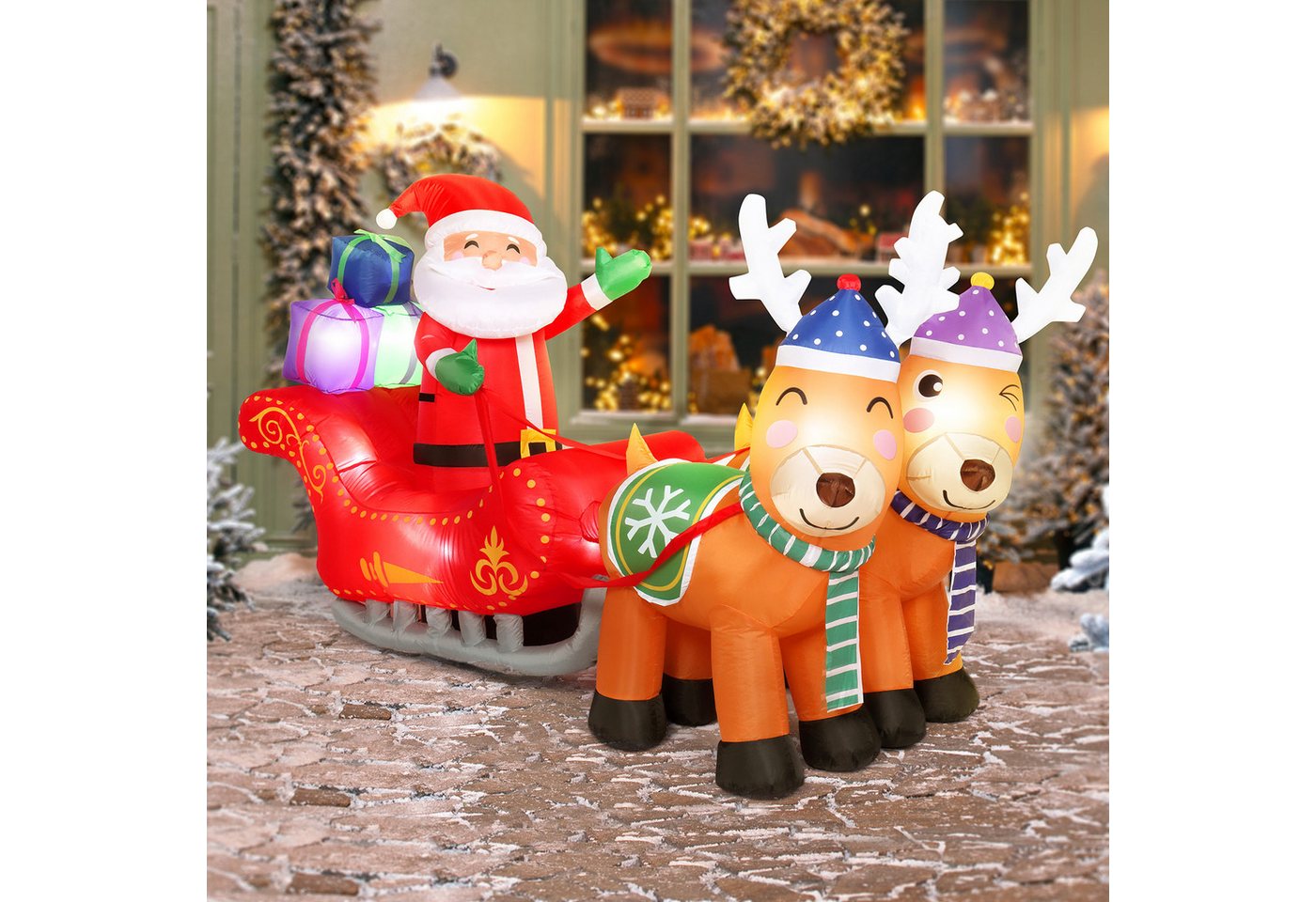 VINGLI Weihnachtsmann 215cm Weihnachtsdeko Aufblasbare Doppel-Rentiere mit Schlitten (4 St) von VINGLI