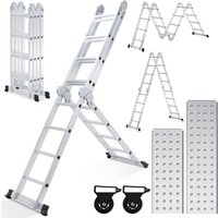 Vingo - swanew Multifunktionsleiter Aluminium,Mehrzweckleiter 470cm, 6 in 1 Klappleiter mit 2 Rollen und Plattform, 4 x 4 Silber-Klappbare von VINGO