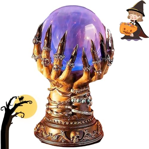 VINGVO Halloween-Kristallkugel, Leuchtende Kristallkugel, Halloween-Dekoration, Luxuriöse Himmlische Kristallkugel in der Hexenhand, Plasma-Kugellampe mit Sockel für Partys, Zuhause, von VINGVO