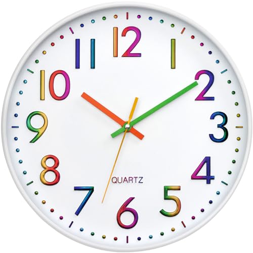 VINILITE Kinder Wanduhr ohne Tickgeräusche 30cm Bunt Zahlen Modern Quartz Lautlos Wanduhr Batteriebetrieben für Kinderzimmer, Küche, Wohnzimmer, Schlafzimmer, Büro (Stereo-Digital - Weiß) von VINILITE