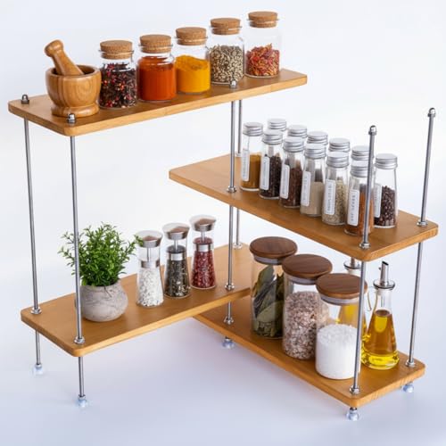 VINIUSIKI Verstellbares 4-stöckiges L-förmiges Arbeitsplatten-Regal, Organizer, DIY-Gewürzregal für Arbeitsplatte, Holz, Kaffee-Theke, Regal für Zuhause, 40 x 40 x 40 cm (L x B x H), Holz von VINIUSIKI