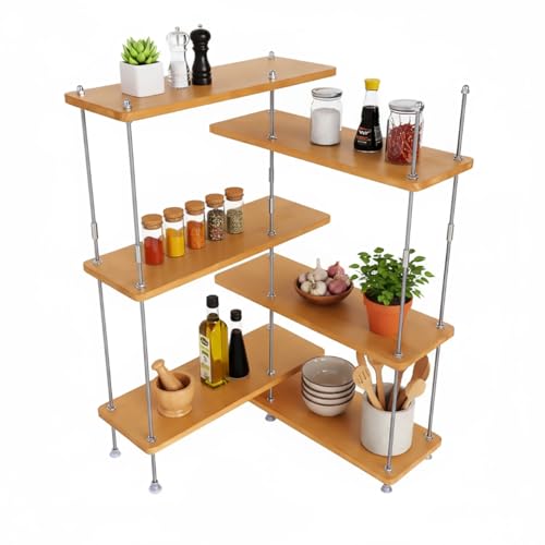 VINIUSIKI Verstellbares 6-stöckiges L-förmiges Arbeitsplatten-Regal, Organizer, DIY-Gewürzregal für Arbeitsplatte, Holz, Kaffee-Regal, Organizer für Zuhause, 40 x 40 x 60 cm (L x B x H), Bernstein von VINIUSIKI