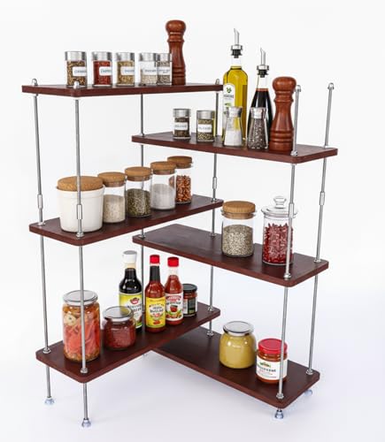VINIUSIKI Verstellbares L-förmiges Regal mit 6 Ebenen, Küchengewürzregal für Arbeitsplatte, DIY-Holz-Kaffee-Thekenregal für Zuhause, 40 x 40 x 60 cm (L x B x H), Rotbraun von VINIUSIKI