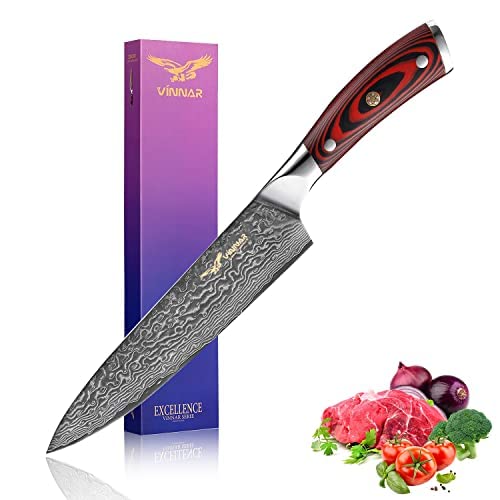 VINNAR Kochmesser profi messer,20cm damast Japanisches VG-10 Super Edelstahl Superscharfes Küchenmesser, Ergonomischer Rot G10-Griff，Fleisch Gemüse Obst Schneiden für Küche und Restaurant von VINNAR