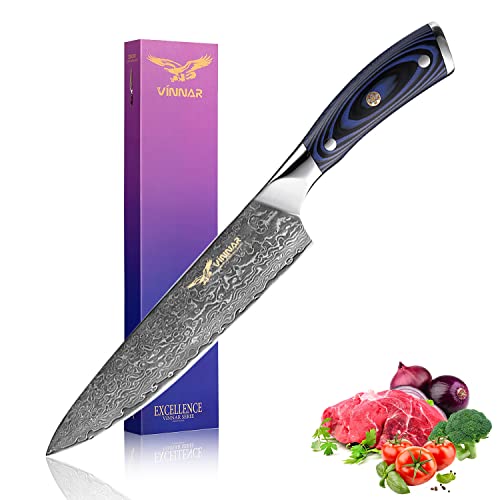 VINNAR Küchenmesser Damast,20cm Japanisches VG-10 Super Edelstahl Professionell Superscharfes Kochmesser, Ergonomischer Blauer G10-Griff，Fleisch Gemüse Obst Schneiden für Küche und Restaurant von VINNAR