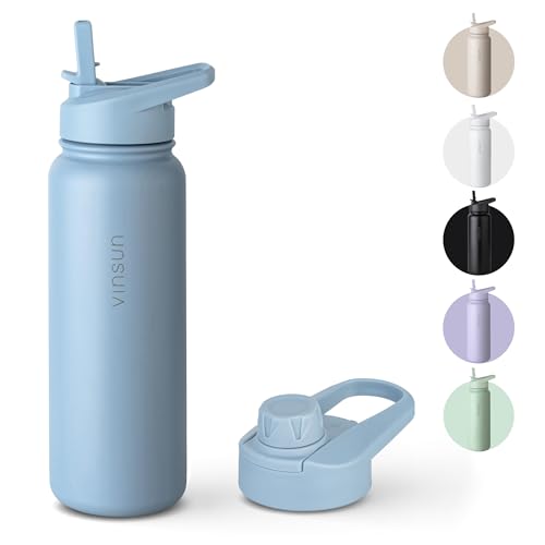 Vinsun Thermosflasche blau 750ml - Strohhalm, Trinköffnung - auslaufsicher, Kohlensäure geeignet, BPA frei - isolierte Trinkflasche Edelstahl für Sport, Schule, Fahrrad, Büro, Camping von VINSUN