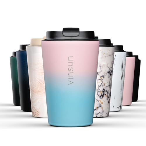 Vinsun Thermobecher Edelstahl 350ml Rosa, Blau - Kaffee & Tee Trinkbecher - Deckel mit Trinköffnung - verschließbar, auslaufsicher - Isolierbecher to go (Auto, Reisen, Büro) von VINSUN