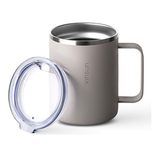 Vinsun Thermobecher mit Henkel 350ml - Kaffeebecher to go, Edelstahl Trinkbecher - Transparenter Deckel mit Trinköffnung - Isolierbecher für Reisen, Outdoor, Camping von VINSUN