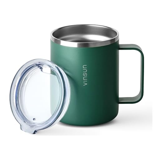 Vinsun Thermobecher mit Henkel 350ml - Kaffeebecher to go, Edelstahl Trinkbecher - Transparenter Deckel mit Trinköffnung - Isolierbecher für Reisen, Outdoor, Camping von VINSUN
