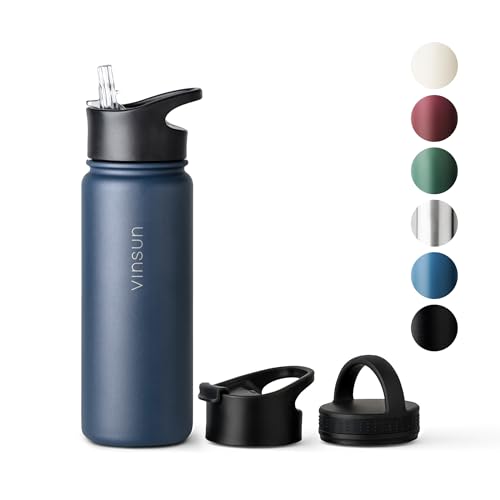 Vinsun Trinkflasche Edelstahl 500ml - auslaufsicher, Kohlensäure geeignet, BPA frei - 3 Deckel - Thermosflasche dunkel blau Sport, Outdoor, Schule, Uni, Fahrrad, Büro, Wandern von VINSUN