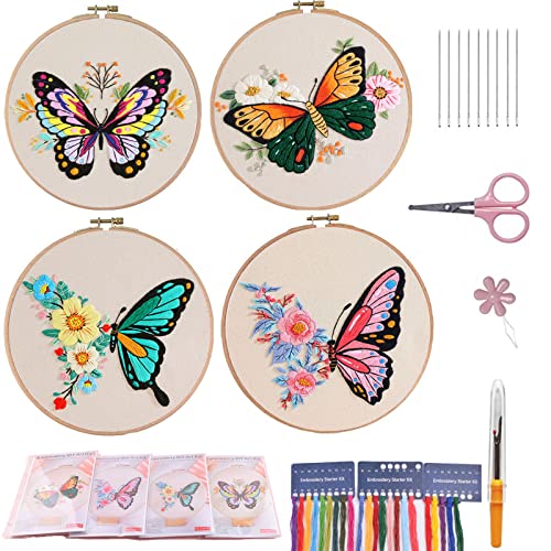 VINTAGE EMBROIDERY V.E. Stickset für Anfänger, 4 Sets Schmetterlingsstickerei Starter Kits mit Mustern und Anleitungen Kreuzstich-Kits, Stickerei Kleidung mit Muster, Bambus-Reifen, Fäden und Nadeln von VINTAGE EMBROIDERY V.E.