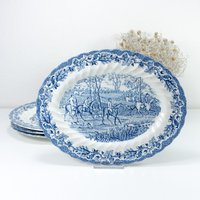 Myotts Country Life Blue Fish Plate Or Serving Platter Fine Staffordshire Hand Engraved Stoneware Made in England Between 1940S & 1980S von VINTARAMAcom