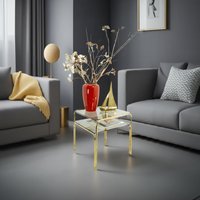 Square 1970S Smoked Glass Golden Chrome Coffee Table With Two Tiers, Side End Table, Nightstand von VINTARAMAcom
