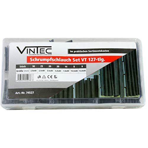 VINTEC 74527 Schrumpfschlauch-Set VT 127-tlg. (im praktischen Sortimentskasten, in 10 verschiedenen Größen, grau sortiert) von VINTEC