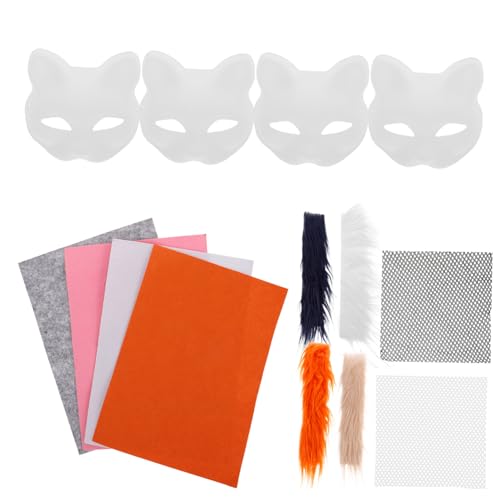 VINTORKY DIY Katzenmasken Weiß Unbemalt Handbemalt Tiergesicht Masken Kit mit Plüsch PVC Netzstoff Katzenmasken Stoffstücke Fellstreifen Basteln für Karneval Party Cosplay von VINTORKY