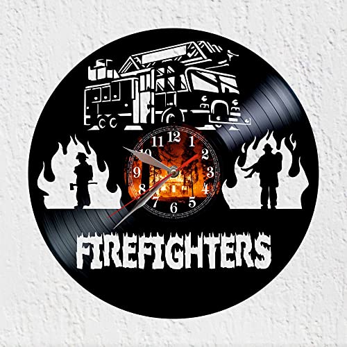 Schallplattenuhr aus Vinyl Firefighters Heroes Schichtlose Uhr Große Wanddekoration Vinyl Scheibenuhr von VINY WOODY