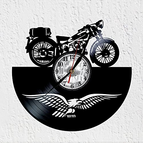 Schallplattenuhr aus Vinyl Viny Woody Klassisches europäisches Motorrad, Uhr, Motorrad, Veteran, Wanddekoration, Vinyl-Disco-Uhr, originelles Geschenk von VINY WOODY