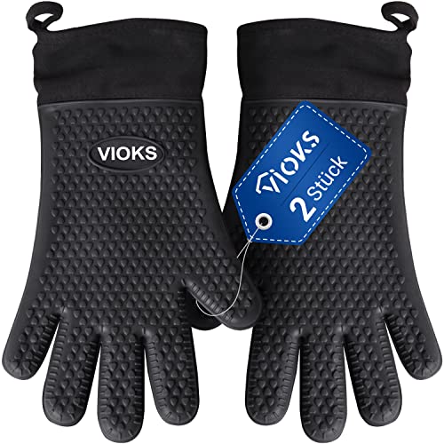 VIOKS 2Stk Backofen Handschuhe Set, Silikon Handschuhe Hitzebeständig für Küche, Silikon Topfhandschuhe mit Baumwollfutter Schwarz für BBQ/Grill von VIOKS