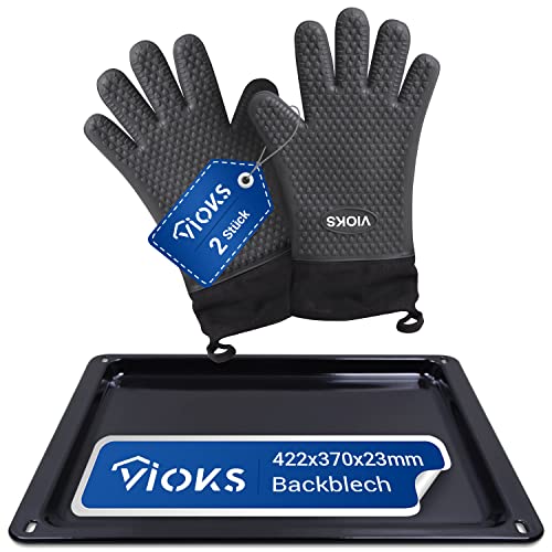 VIOKS Backblech 422 x 370 x 23mm Emailliert Ersatz für Zanussi 3531939233 + 2 Silikon Ofenhandschuhe Hitzebestaendig & Backofen Set, Backen Zubehör von VIOKS