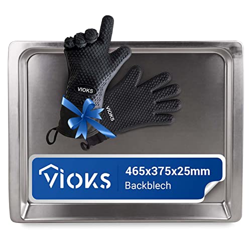 VIOKS Backen Zubehör Set - Backblech 46 x 37 cm 465x375х25mm Ersatz für 00438155 Bosch Bаckblech Tief & 2 Kochhandschuhe Schwarz mit Bаckblech Siеmens Backofen von VIOKS