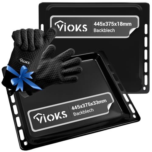 VIOKS Backofen 2x Backblech 445 x 375 Emailliert Ersatz für Bauknecht 481241838128 Blech mit 2 Silikon Ofenhandschuhe Grillhandschuhe für Herd Ofen von VIOKS