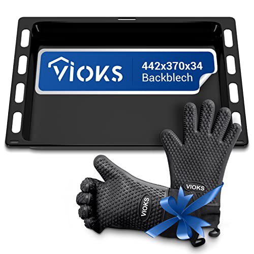 VIOKS Fettpfanne Backofen 442x370x34 mm Ersatz für 00790278 Bosch Siemens Backblech mit hohem Rand & Silikon Grillhandschuhe Hitzebeständig SET VIOKS Fettpfanne Backofen 442x370x34 mm Ersatz für 00790278 Bosch Siemens Backblech mit hohem Rand & Silikon Grillhandschuhe Hitzebeständig SET von VIOKS