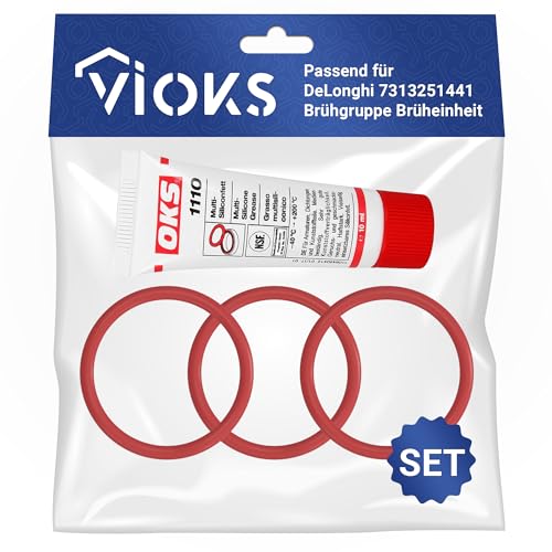 VIOKS Pflegeset 3x O Ring Dichtung 43mmØ + 10g Silikonfett Ersatz für DeLоnghi 5332149100 - Dichtungsringe Set + Schmierfett Tube für EAM ECAM ESAM Kaffeemaschine/O Ringe DeLоnghi Kaffeevollautomat von VIOKS