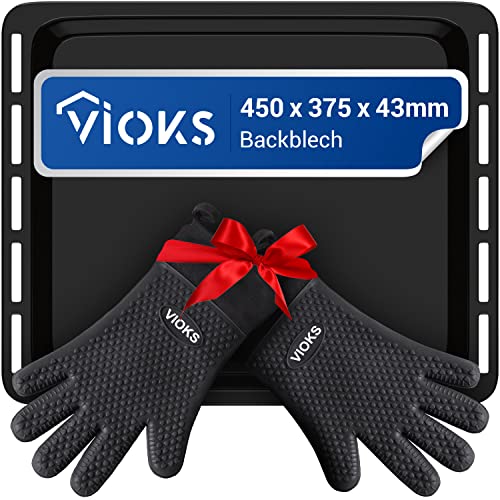 VIOKS SET Email Backblech Tief 450x375x43mm Ersatz für Whirlpool Backblech Hoch 481010657928 & 2x Silikon Grillhandschuhe Hitzebeständig für BBQ von VIOKS