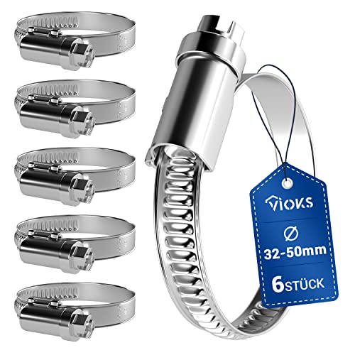 VIOKS Schlauchschellen SET 6x 32-50mmØ Schlauchschellen Chromstahl W2 / Schlauchklemmen Set/Schlauchschellen Sortiment/Schellen Poolschlauch/Schlauch Schelle/Schelle Waschmaschinenschlauch von VIOKS