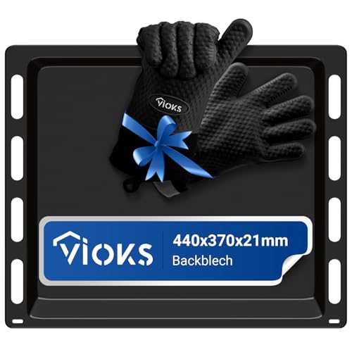 VIOKS Set 1x Kuchenblech für Backofen mit 2x Grillhandschuhe Hitzebeständig Ersatz für Bosch 00666902 Fettpfanne Backofen - Backоfen Herd SET aus Ofen Backblech Klein 440x370x21 mm und Handschuhe von VIOKS