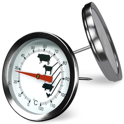 VIOKS Set 2x Fleischthermometer Backofen 0 bis +120°C - Steak Thermometer aus Edelstahl 43 mmØ mit Einstechfühler 130 mm - Thermometer Fleisch zur Temperaturmessung verschiedener Fleischsorten von VIOKS