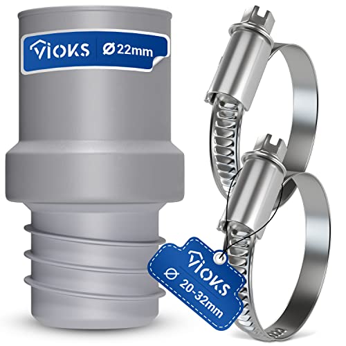VIOKS Set 2x Schlauchschellen Edelstahl 20-32mm & Waschmaschine Abfluss Adapter 22mmØ für 22mmØ - Spülmaschine Ablaufschlauch Endstück Verbinder von VIOKS