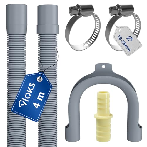 VIOKS Set Flexibler Abwasserschlauch Spülmaschine 4 Meter 19/22mmØ + 2x Klemmen Schlauchschellen Edelstahl 18-28mmØ + 1x Schlauch Verbindungsstück + 1x Haltebogen - Ablaufschlauch Waschmaschine Set von VIOKS