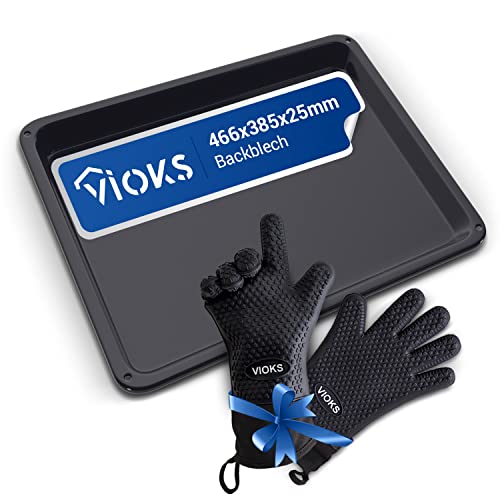 VIOKS Set aus Backblech 466 x 385 x 25 mm Ersatz für Backblech AEG Backofen 14002049002/9 und 2 Ofenhandschuhe Hitzebestaendig & Backen Zubehör von VIOKS
