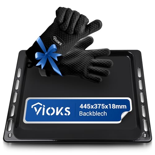 VIOKS Tiefes Backblech 445 x 375 x18 mit 2x Grillhandschuhe Hitzebeständig aus Silikon SET & Email Backblech Ersatz für Bauknecht 481010539881 / Backblech 44,5 x37,5 für 45 cm breit Backofen von VIOKS
