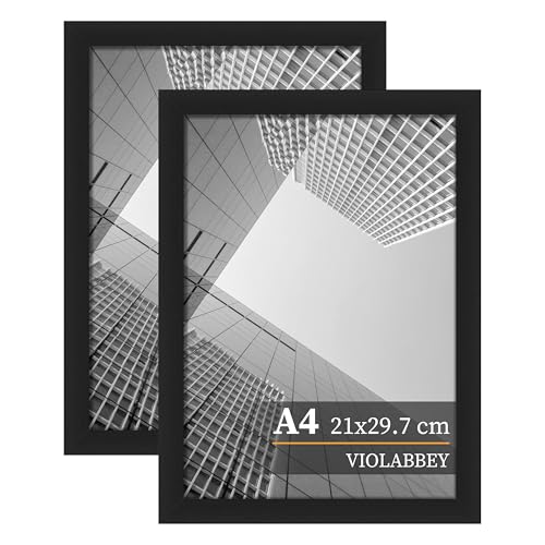 VIOLABBEY Bilderrahmen A4 Schwarz 2er Pack, A4 Fotorahmen 21 x 29.7 cm für horizontale oder vertikale Wandmontage von VIOLABBEY
