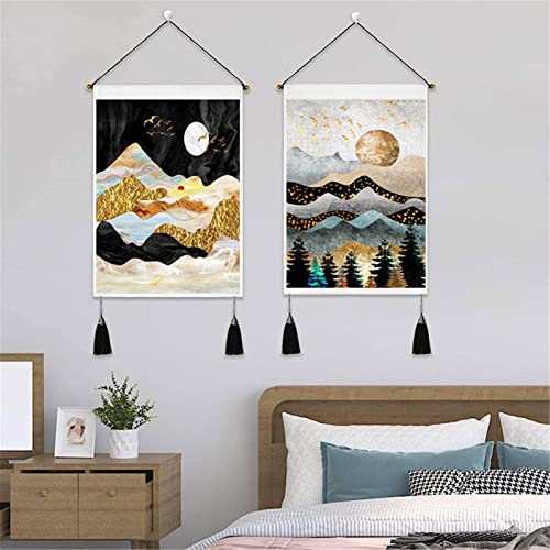 VIONNPPT 2er Set Makramee Wandbehang Mit Quaste, Berg Wald Sonne Mond Wandteppich, Nature Landschaft Wandtuch Wanddeko Geschenke für Wohnzimmer Schlafzimmer (Schwarz) von VIONNPPT