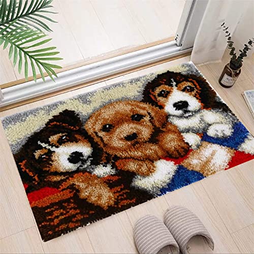 VIONNPPT Karikatur Hund Knüpfteppich Zum Selber Knüpfen DIY Stickkissen Teppich, Unfinished Häkelteppich Set mit Vordruck, Latch Hook Kits für Kinder Erwachsene (DREI Doggy,60cmx40cm) von VIONNPPT