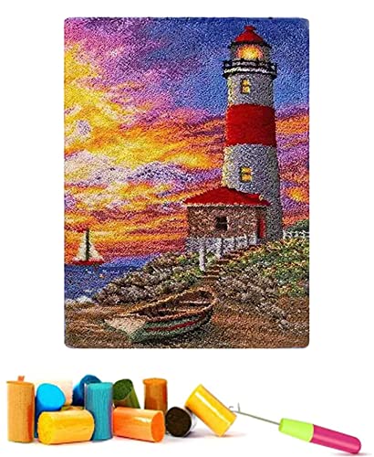 VIONNPPT Leuchtturm am Meer Muster Knüpfteppich Zum Selber Knüpfen, DIY Unfinished Häkelteppich Set mit Vordruck,3D Teppich Knüpfen Set für Erwachsene Kinder 60x40cm (Bunt) von VIONNPPT