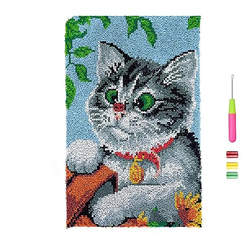 VIONNPPT Süße Katzen Blume Serie Knüpfteppich Zum Selber, 60x40cm Knüpfen-Set, DIY Unfinished Häkelteppich Set mit Vordruck,Latch Hook Kit für Kinder und Erwachsene (Grau Katze) von VIONNPPT