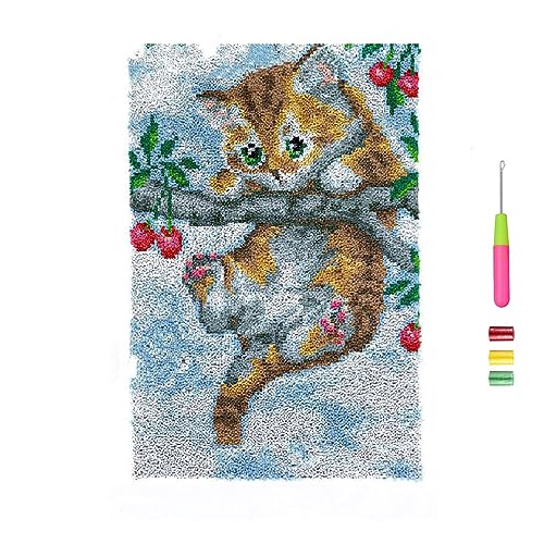 VIONNPPT Süße Katzen Blume Serie Knüpfteppich Zum Selber, 60x40cm Knüpfen-Set, DIY Unfinished Häkelteppich Set mit Vordruck,Latch Hook Kit für Kinder und Erwachsene (Kirsche+Katze) von VIONNPPT