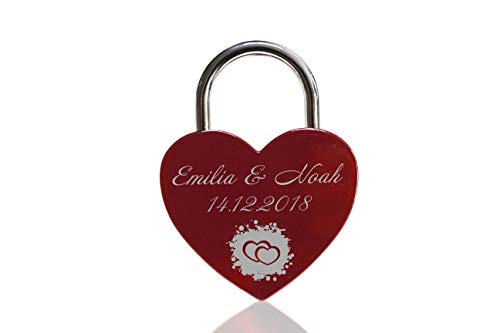 ELUNO Liebesschloss Herzschloss Schloss mit Gravur und Schlüssel I Valentinstags Geschenk für Sie Ihn Hochzeit I incl. Samtbeutel I Motiv Herz 0001 in Rot von VIP-LASER