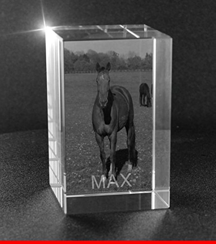 VIP-LASER 2D Gravur Glas Kristall Quader im Hochformat L mit dem Foto von Deinem Pferd. Dein Wunschfoto für die Ewigkeit Mitten in Glas! Groesse L = 60x40x40mm von VIP-LASER