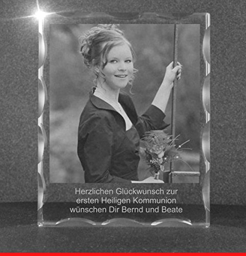 VIP-LASER 2D Gravur Glas Kristall Facettierte Scheibe im Hochformat XL mit Deinem Foto zur Kommunion oder Konfirmation. Dein Wunschfoto für die Ewigkeit Mitten in Glas! Groesse XL = 100x80x20mm von VIP-LASER