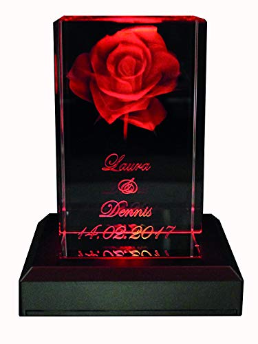 VIP-LASER 3D Glas Kristall Quader XL Rose mit Zwei Wunschnamen + Datum im Hochformat Weihnachten!, Beleuchtung:mit Color Leuchtsockel 5 LED Silber von VIP-LASER