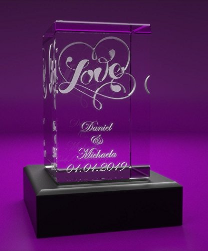 VIP-LASER 3D Glas Kristall Quader XL mit Love und Deinen Namen + Datum im Hochformat graviert! Geschenk für wie Geburtstag, Jahrestag, Valentinstag und Weihnachten! (incl. LED-Leuchtsockel Schwarz) von VIP-LASER